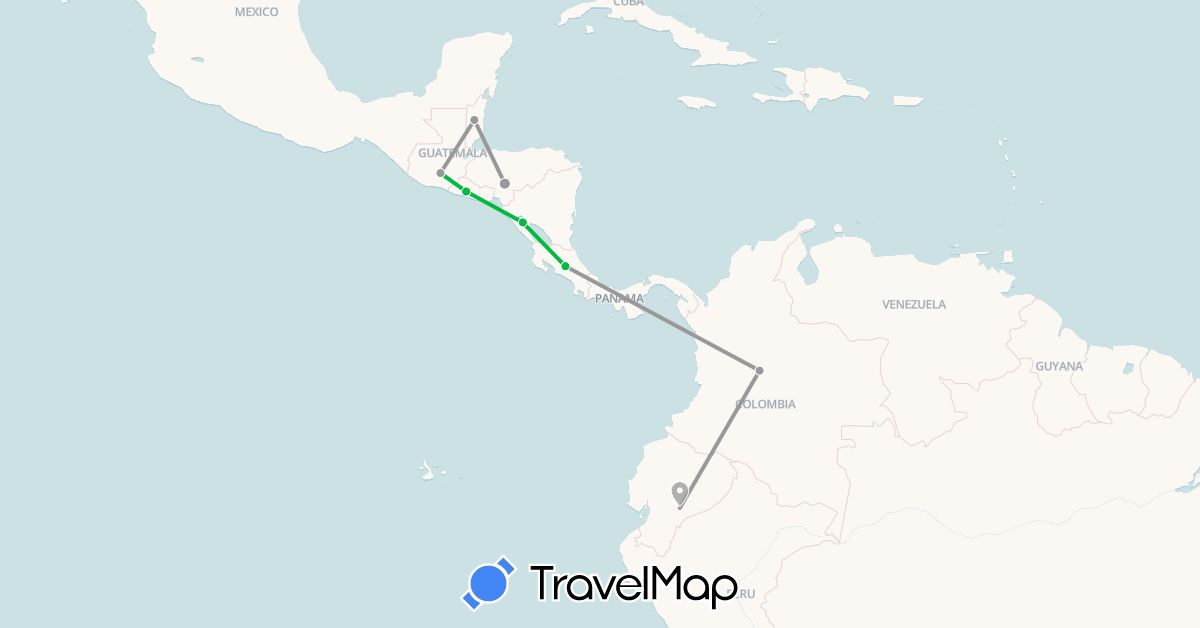 TravelMap itinerary: driving, bus, plane in Belize, Colombia, Costa Rica, Guatemala, Honduras, Nicaragua, Paraguay, El Salvador (North America, South America)