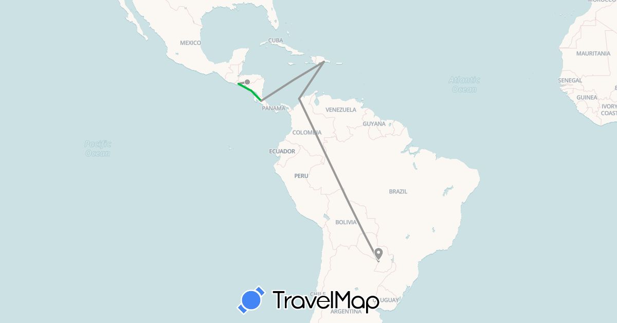 TravelMap itinerary: driving, bus, plane in Colombia, Costa Rica, Dominican Republic, Guatemala, Honduras, Nicaragua, Paraguay, El Salvador (North America, South America)